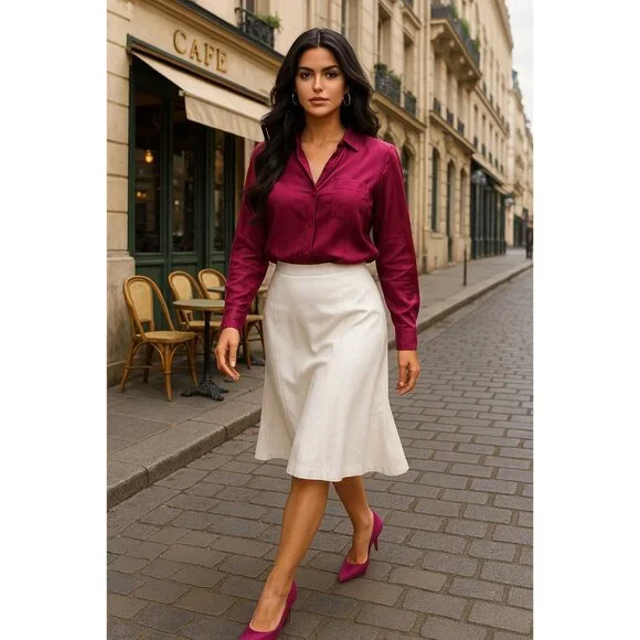 Vintage All Silk Blouse by Jonathan Logan 14 Magenta Long Sleeve 80s Retro Chic - Picture 3 of 9